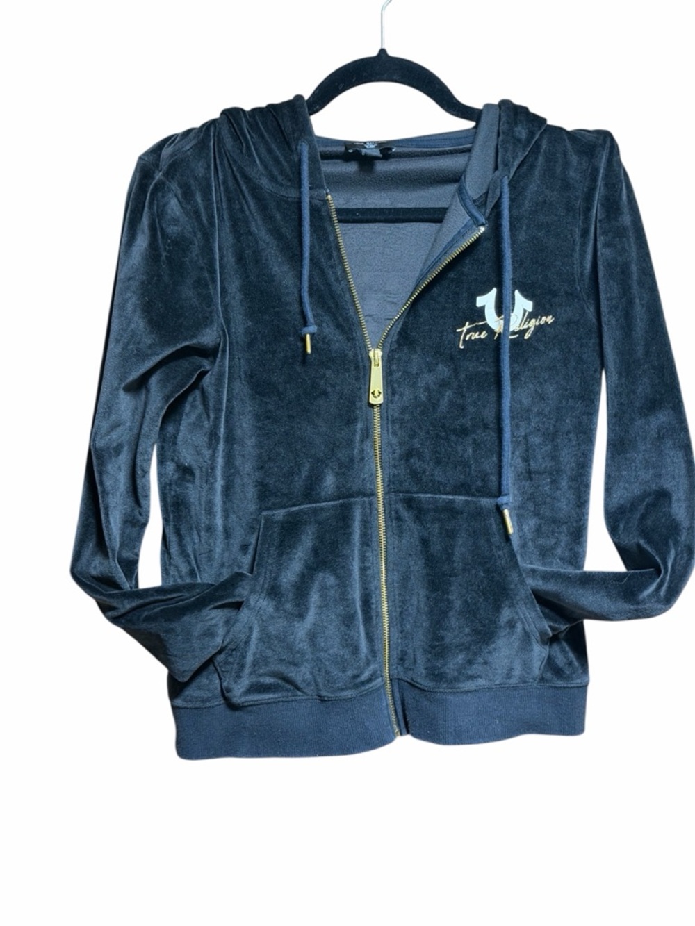 Vintage Y2K True Religion Velour Zip Up Hoodie Women’s S Black Gold Logo